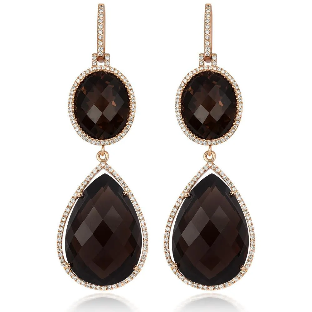 18ct Rose Gold 63.76ct Smokey Quartz Diamond Drop Earrings