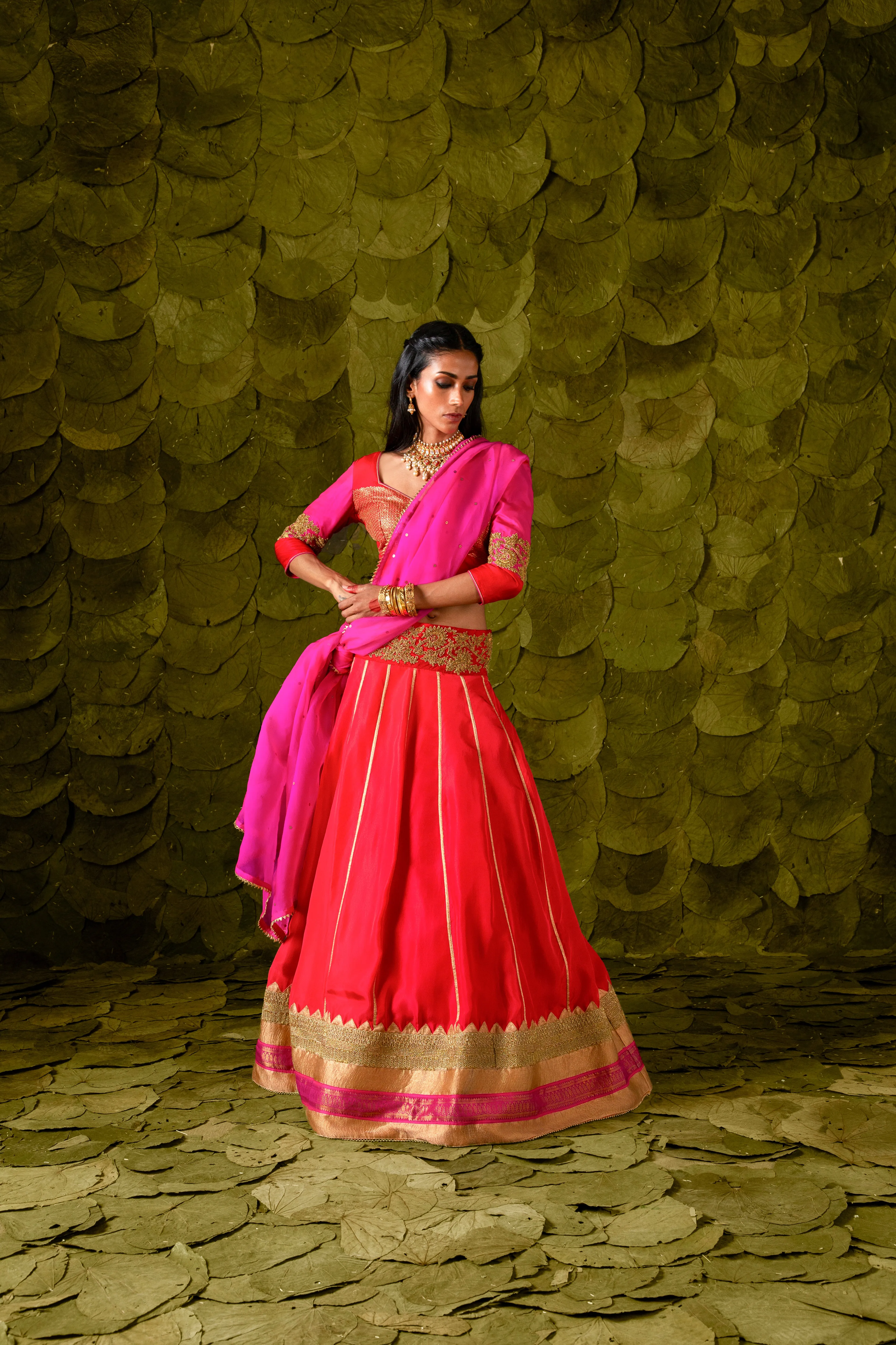 Akka (ಅಕ್ಕ) Lehenga in Shocking pink, Crimson Red and Jalapeno Red