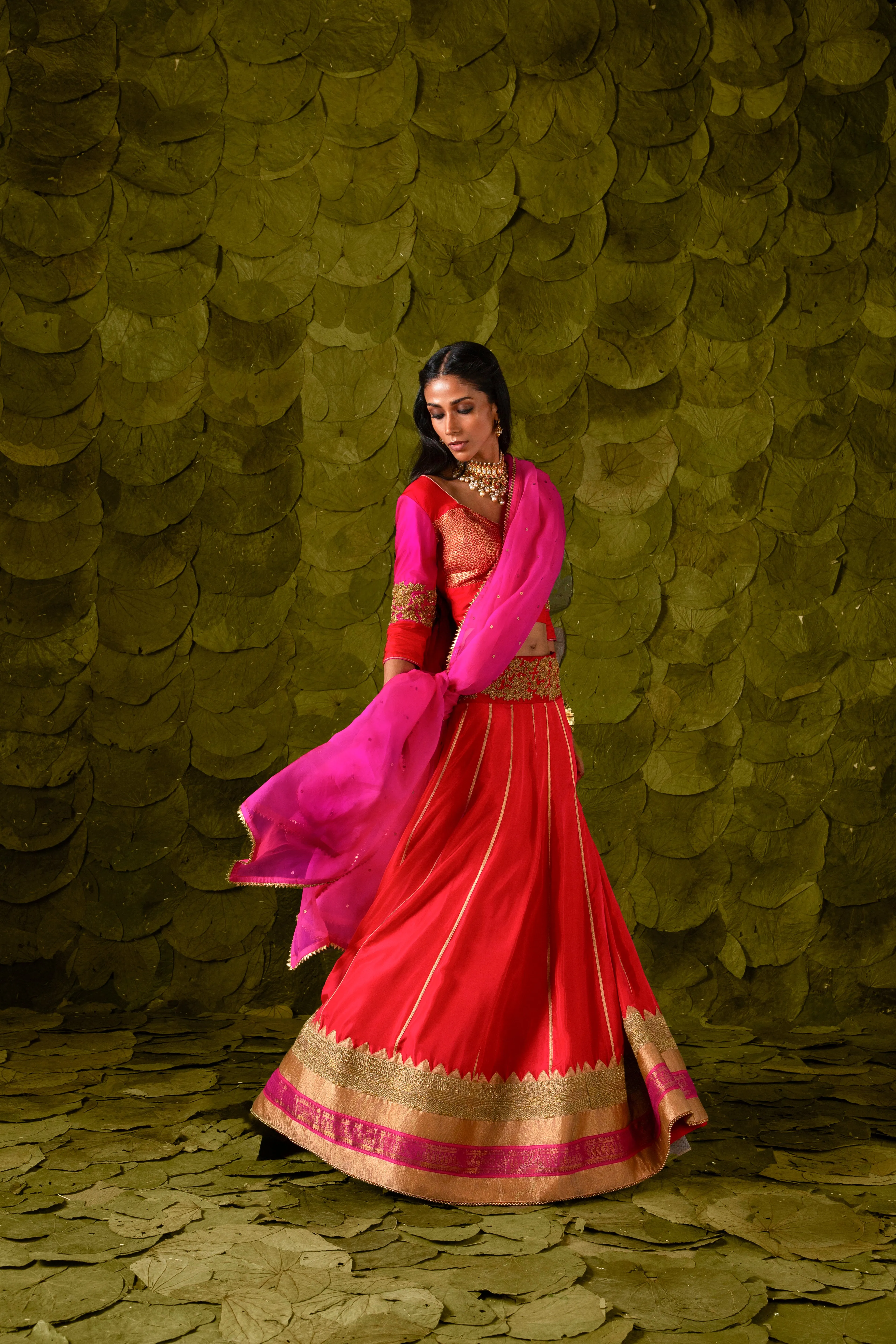 Akka (ಅಕ್ಕ) Lehenga in Shocking pink, Crimson Red and Jalapeno Red