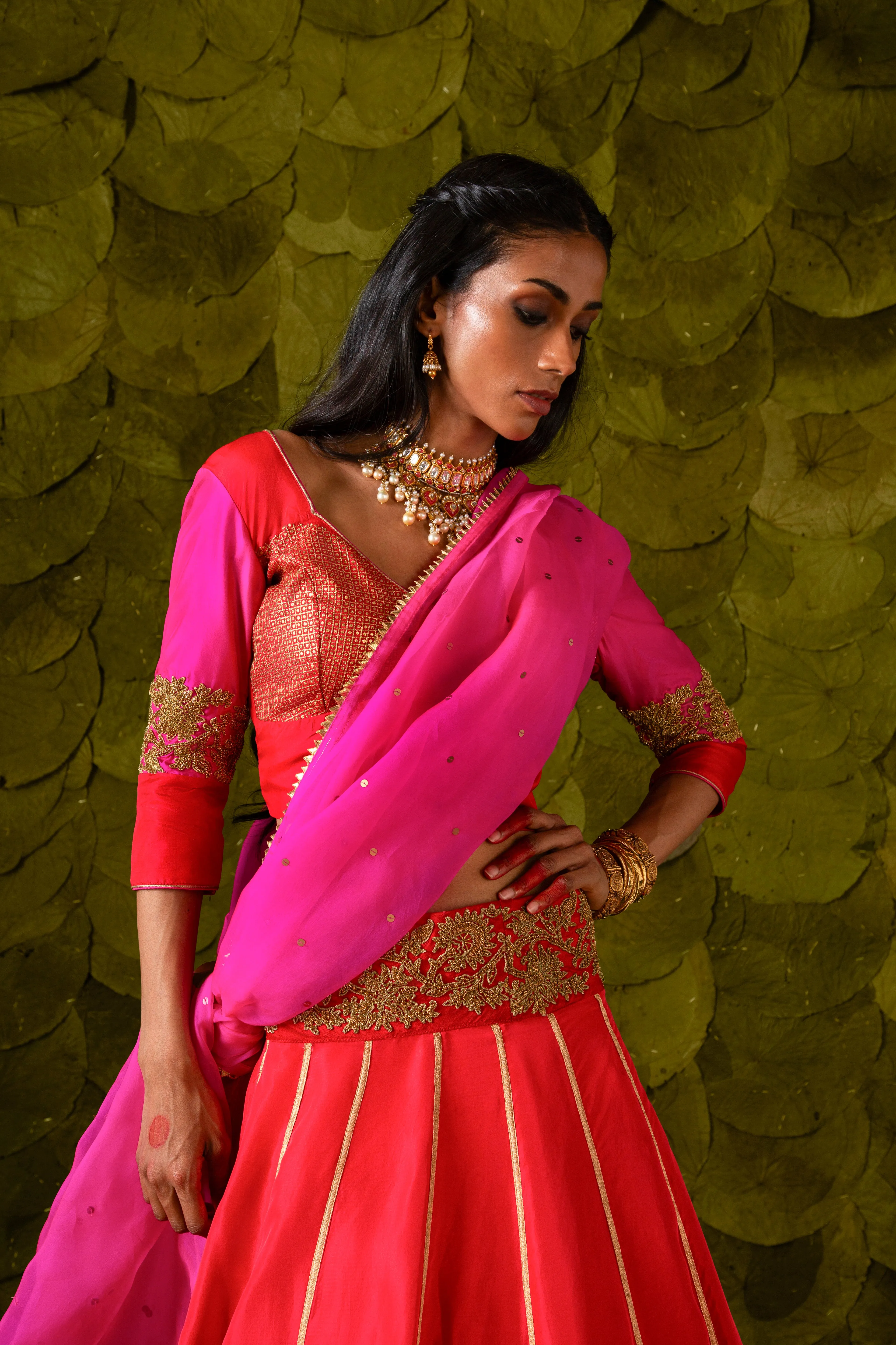 Akka (ಅಕ್ಕ) Lehenga in Shocking pink, Crimson Red and Jalapeno Red