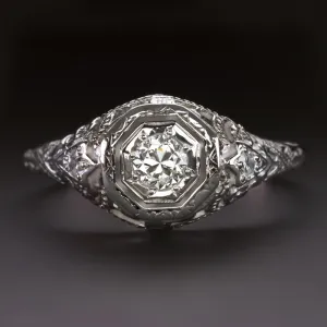 ART DECO DIAMOND RING OLD EUROPEAN CUT F SI1 VINTAGE FILIGREE 14k WHITE GOLD