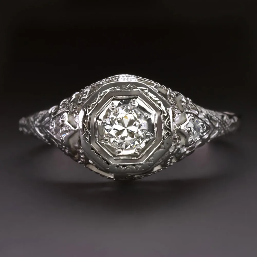 ART DECO DIAMOND RING OLD EUROPEAN CUT F SI1 VINTAGE FILIGREE 14k WHITE GOLD
