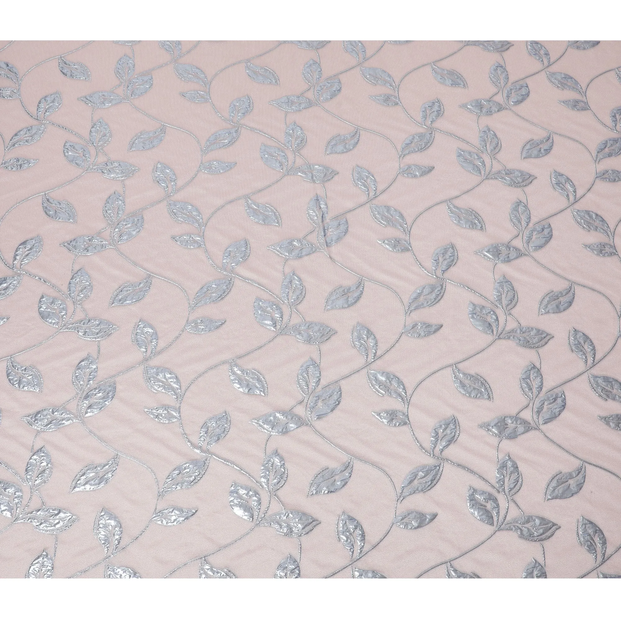 Blush Pink and Silver Synthetic Brocade Fabric with Leaf Pattern - 140 cm Width-D19796