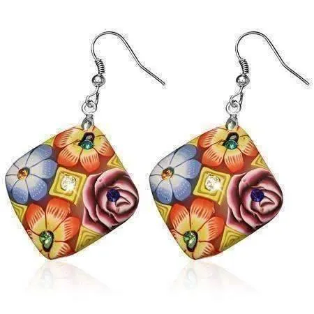 Diamond Handcrafted Floral Cane Work Clay & CZ Earrings ~ Two Lively Colors to Choose From