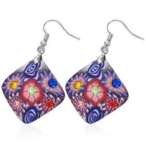 Diamond Handcrafted Floral Cane Work Clay & CZ Earrings ~ Two Lively Colors to Choose From