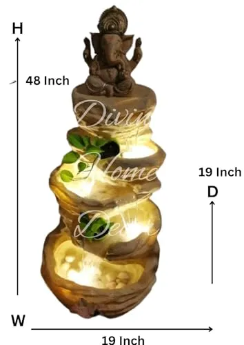 Divine Home Decor Big Ganesh 4 Tiered Lighted Water Fountain with LED Lights for Living Room, Bedroom, Kitchen, Bathroom, Office, Home Decoration, Ideal for Gifting
