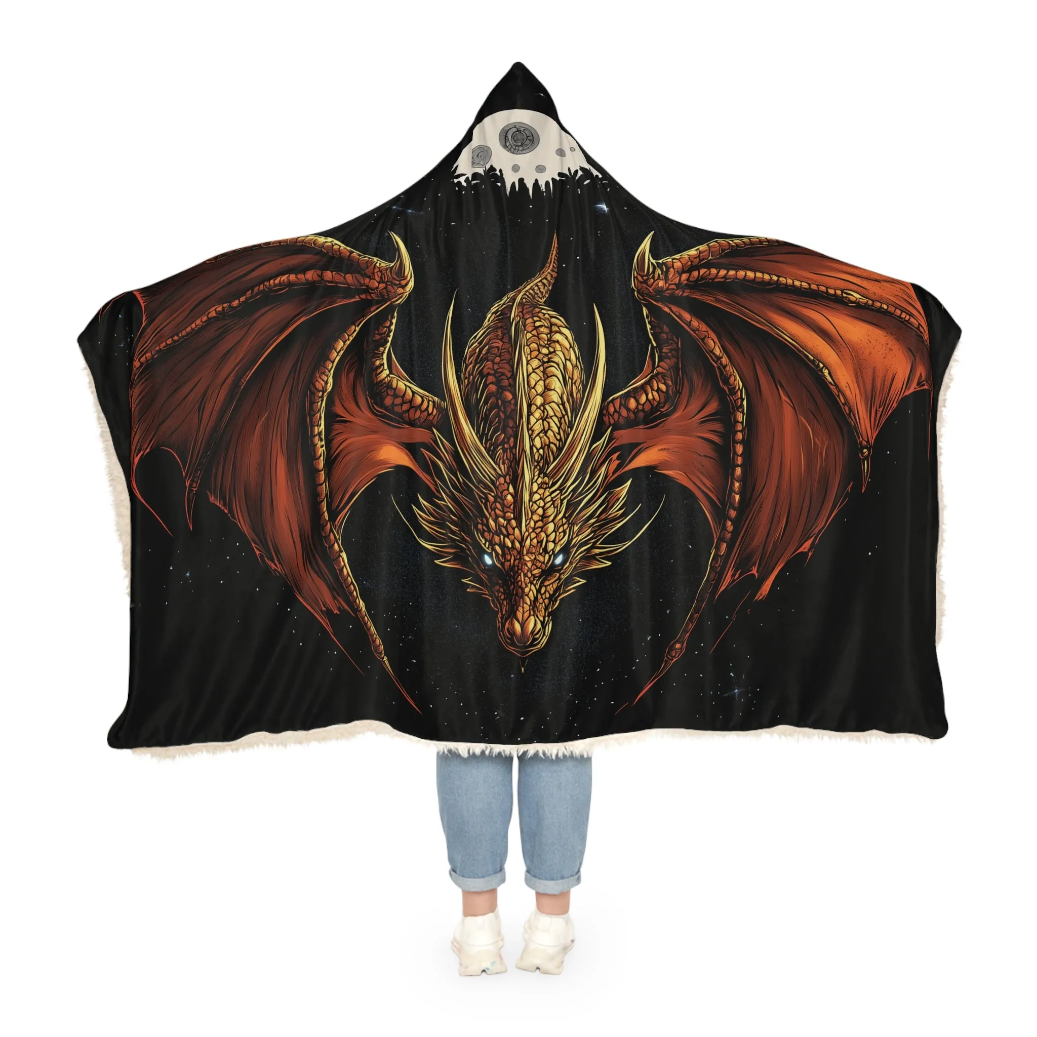 Dragon Hooded Snuggle Blanket, Golden Dragon Design, Fantasy Sherpa Blanket, Microfiber Fleece Throw, Cosy Hoodie Blanket, Dragon Lover Gift