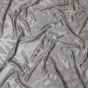 French Silk Chiffon (Fransawi) Fabric with Metallic Silver and Beige Lurex Abstract Design, 140 cm Width-D19743