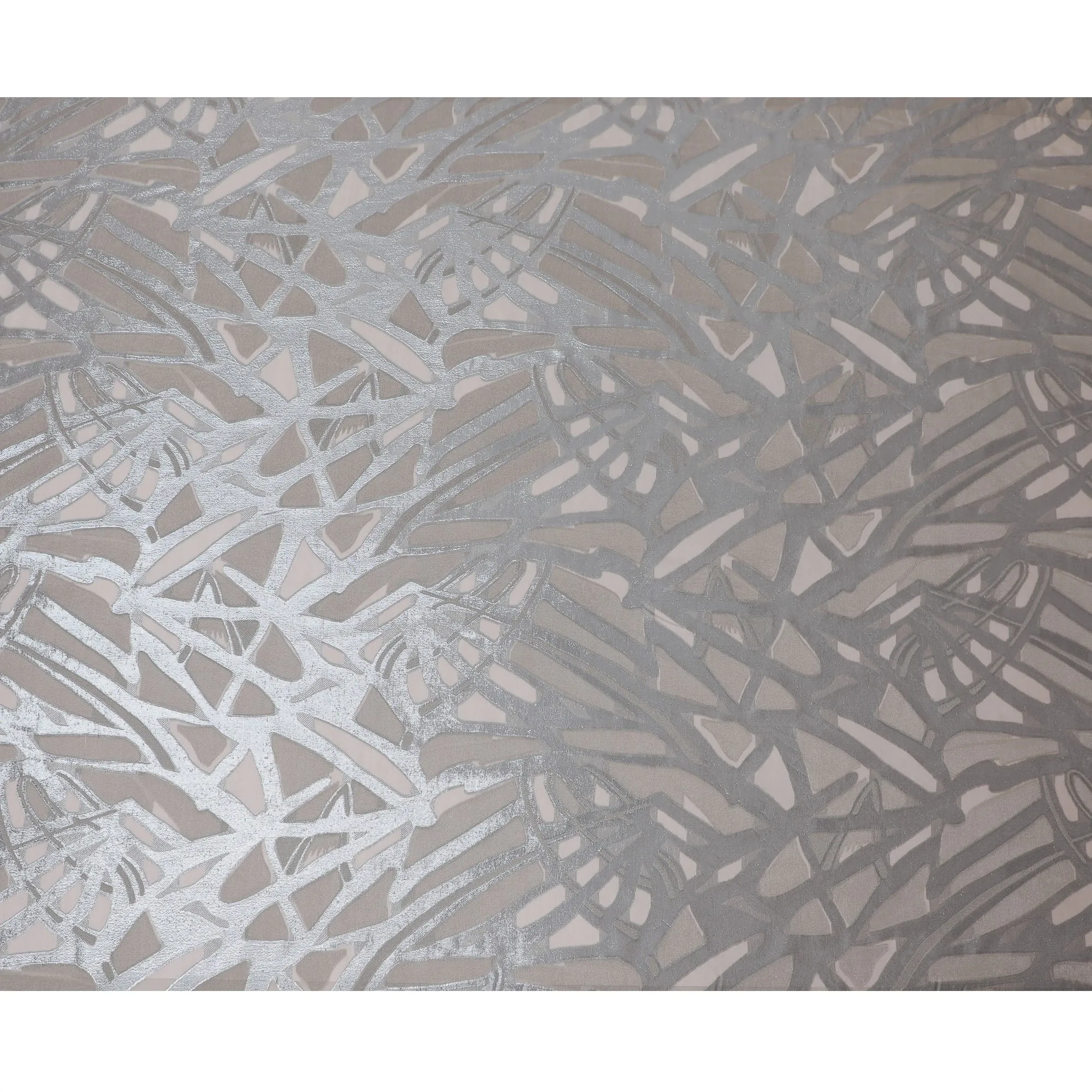 French Silk Chiffon (Fransawi) Fabric with Metallic Silver and Beige Lurex Abstract Design, 140 cm Width-D19743