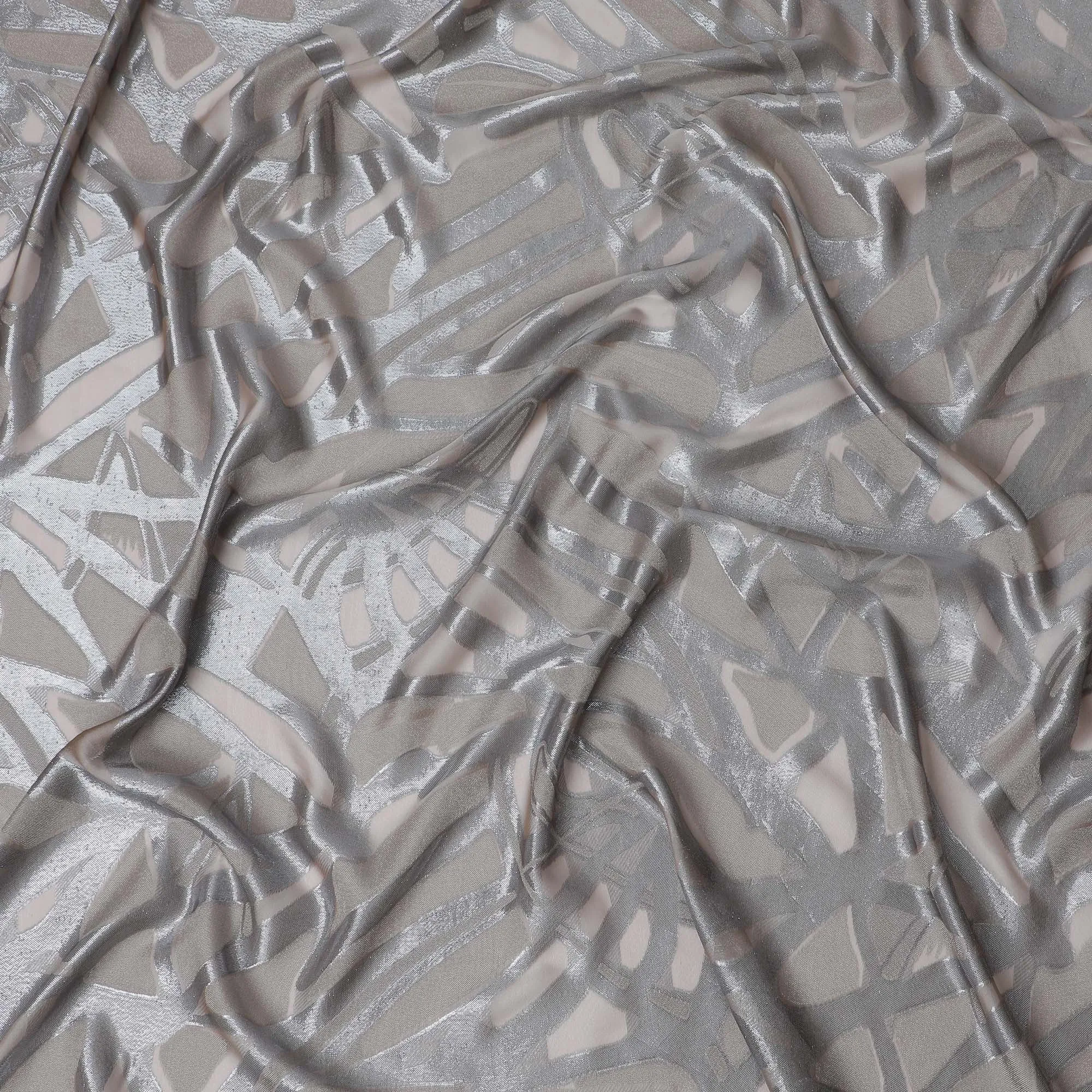 French Silk Chiffon (Fransawi) Fabric with Metallic Silver and Beige Lurex Abstract Design, 140 cm Width-D19743