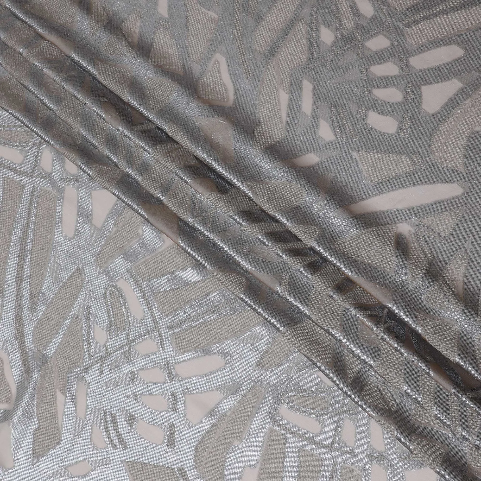 French Silk Chiffon (Fransawi) Fabric with Metallic Silver and Beige Lurex Abstract Design, 140 cm Width-D19743