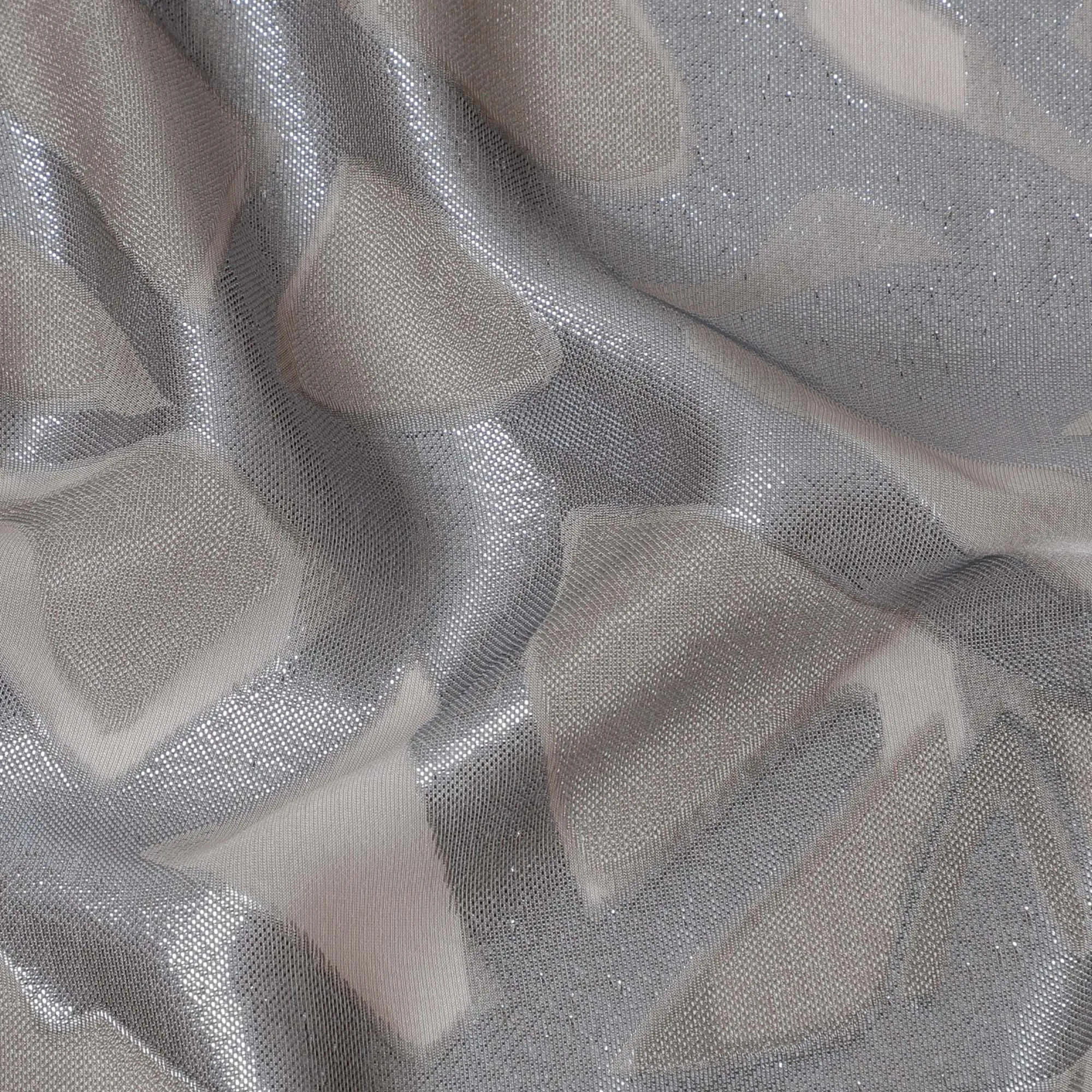 French Silk Chiffon (Fransawi) Fabric with Metallic Silver and Beige Lurex Abstract Design, 140 cm Width-D19743