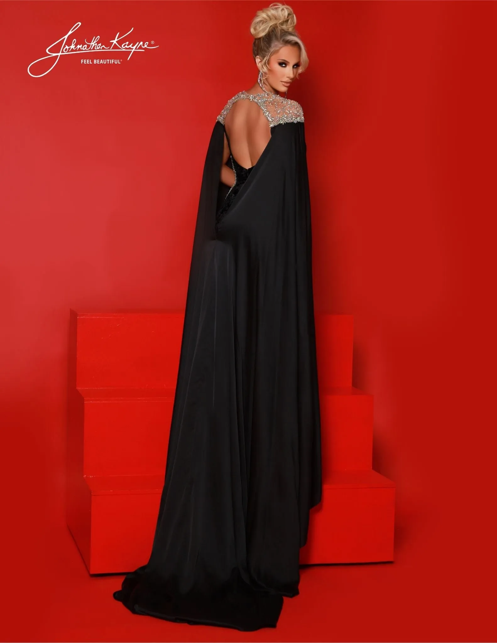 Johnathan Kayne 2879 Long Pageant Dress Velvet Cap Sleeve Cutout Open Back Slit Train Formal Pageant Gown