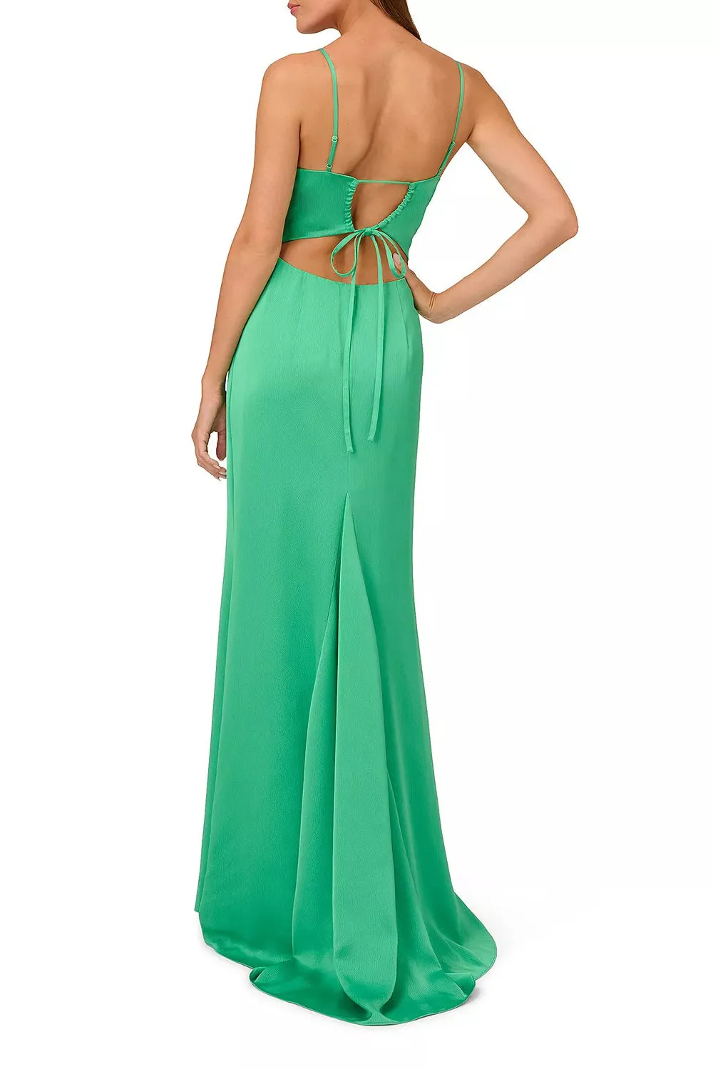 Liv Foster adjustable spaghetti strap tie back V-neck zipper closure textured satin gown