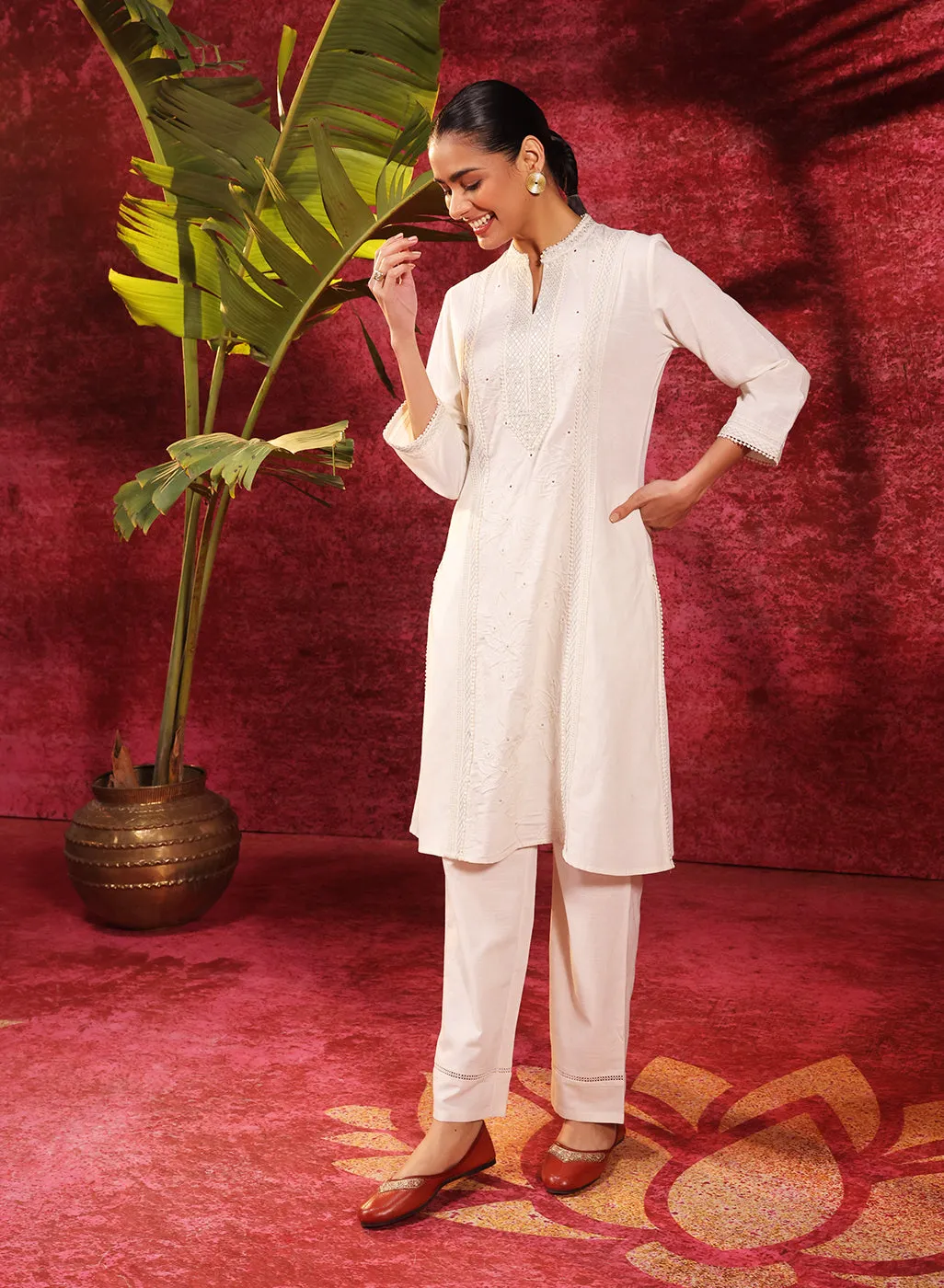 Mehwish Ivory Embroidered Cotton Linen Designer Kurta Set