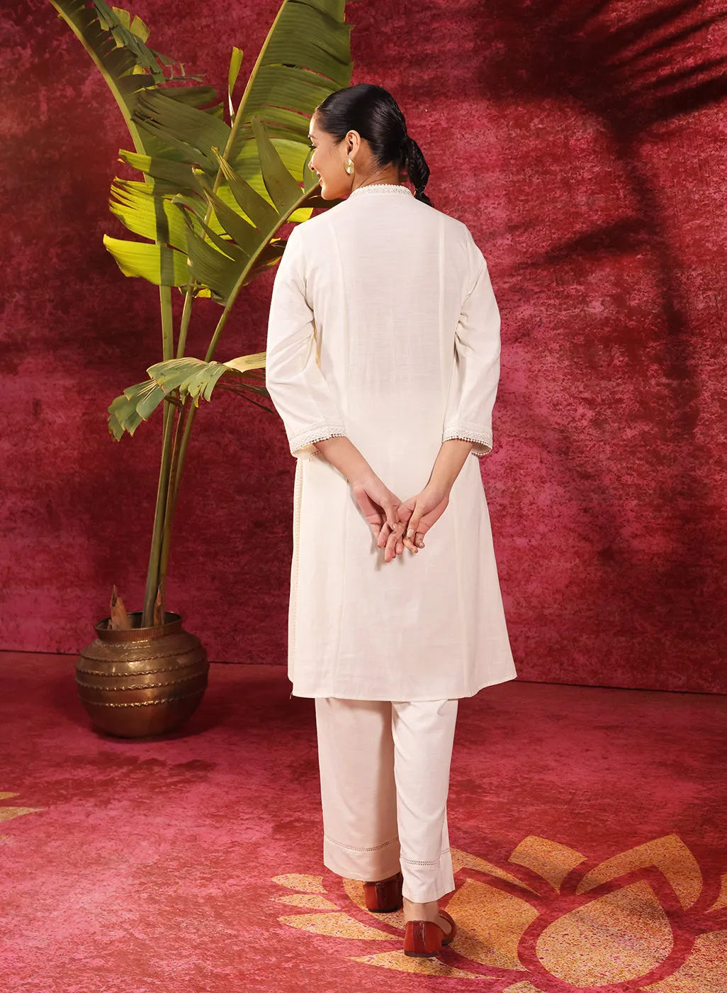 Mehwish Ivory Embroidered Cotton Linen Designer Kurta Set