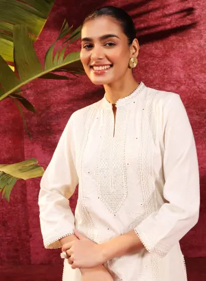 Mehwish Ivory Embroidered Cotton Linen Designer Kurta Set