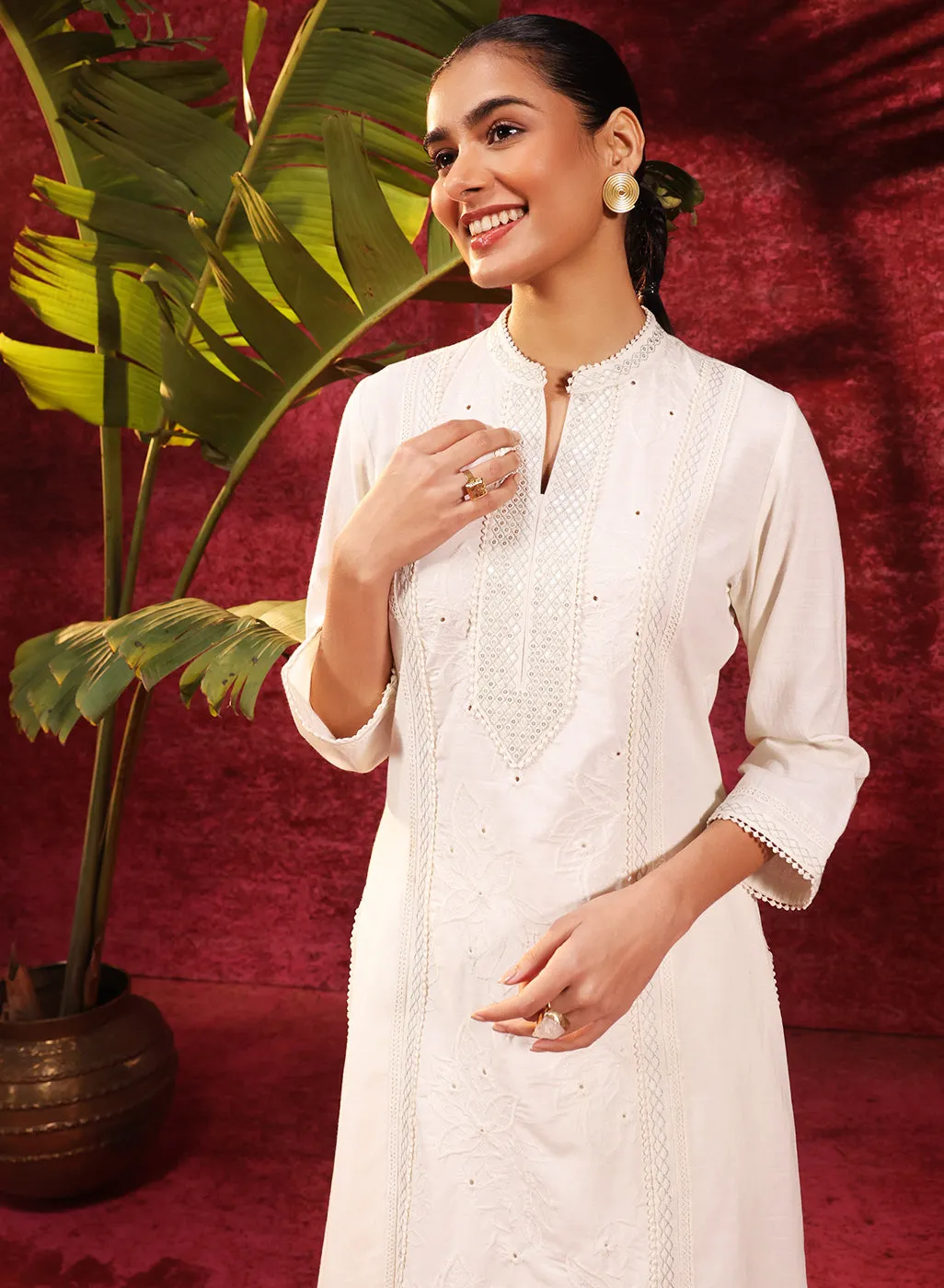 Mehwish Ivory Embroidered Cotton Linen Designer Kurta Set