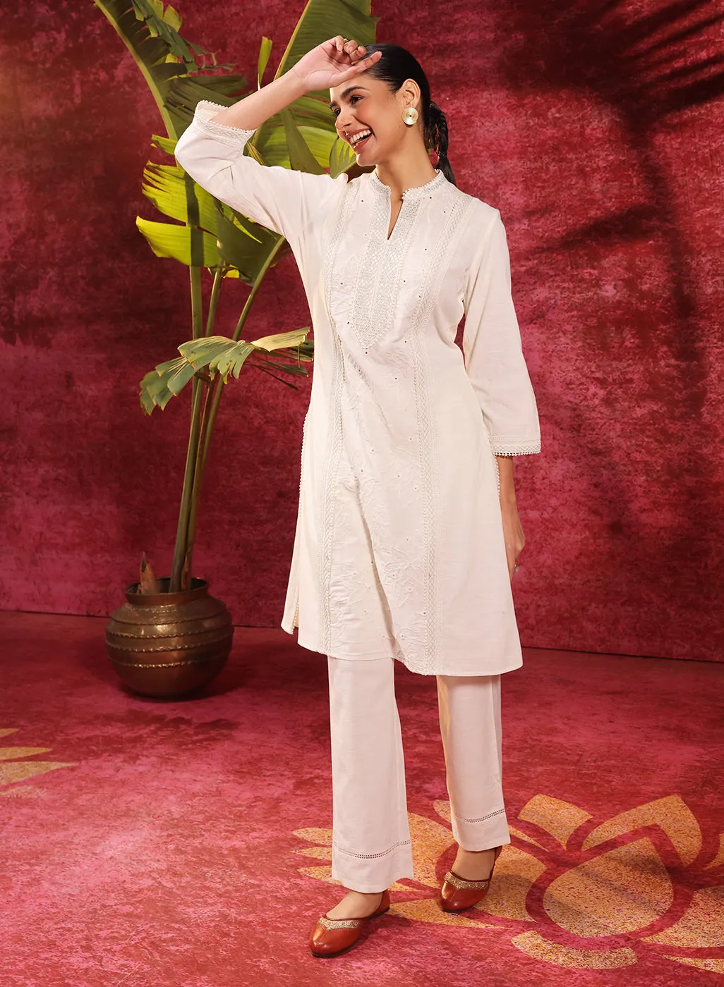 Mehwish Ivory Embroidered Cotton Linen Designer Kurta Set