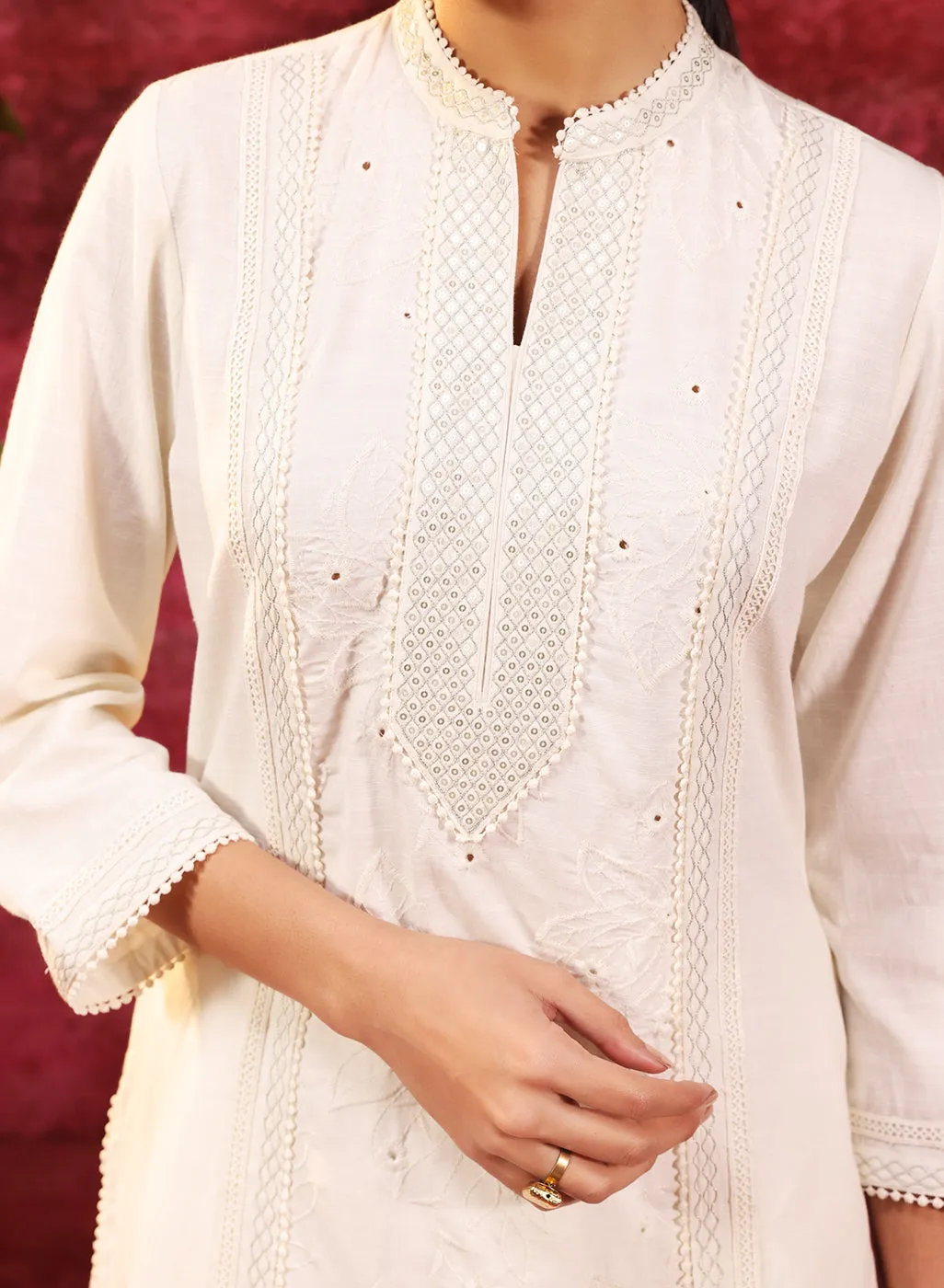 Mehwish Ivory Embroidered Cotton Linen Designer Kurta Set