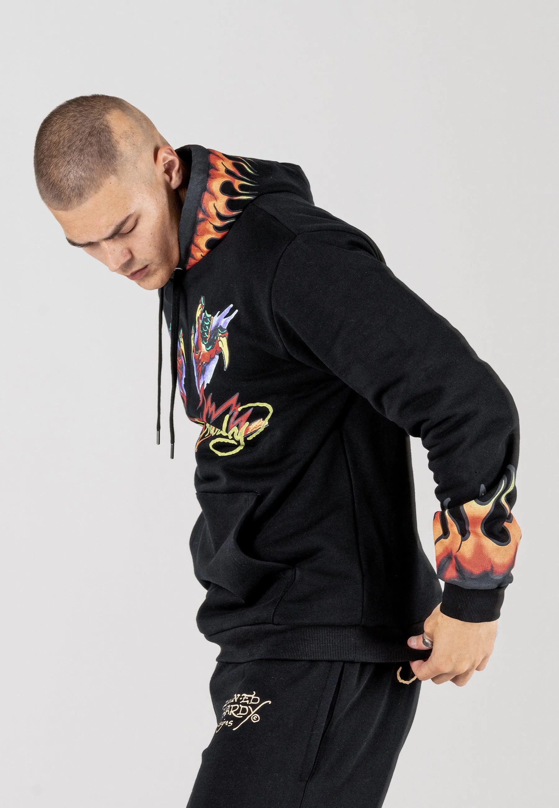 Mens Lightning-Fire Graphic Hoodie - Black