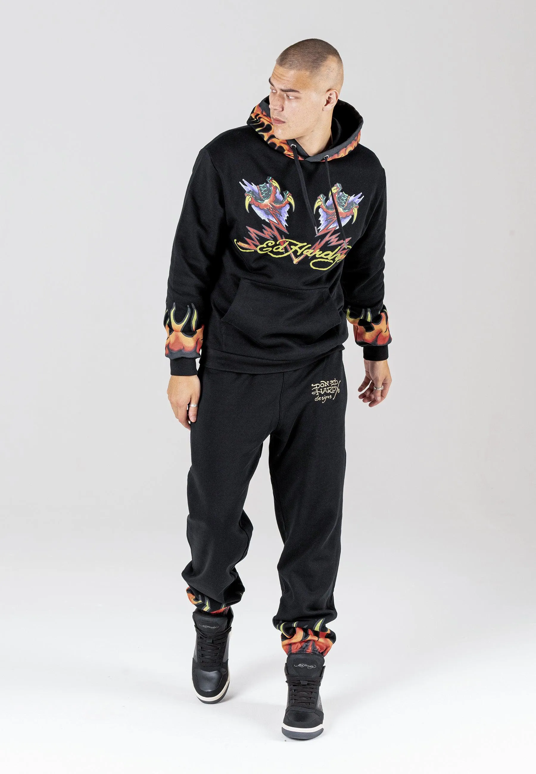 Mens Lightning-Fire Graphic Hoodie - Black