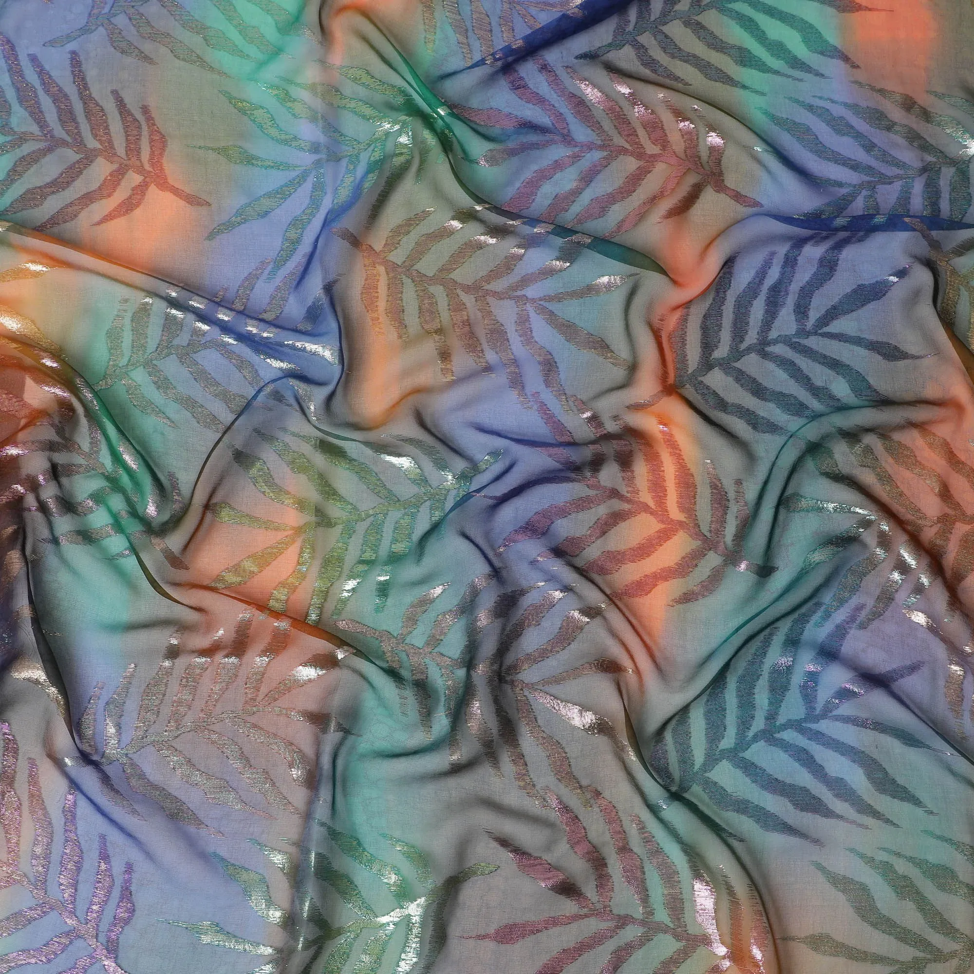 Mystical Leaves Iridescent Silk Chiffon Garbasaar Fabric, 110 cm Wide - South Korean Crafted Elegance- Piece of 2.0 Mtrs-D18695