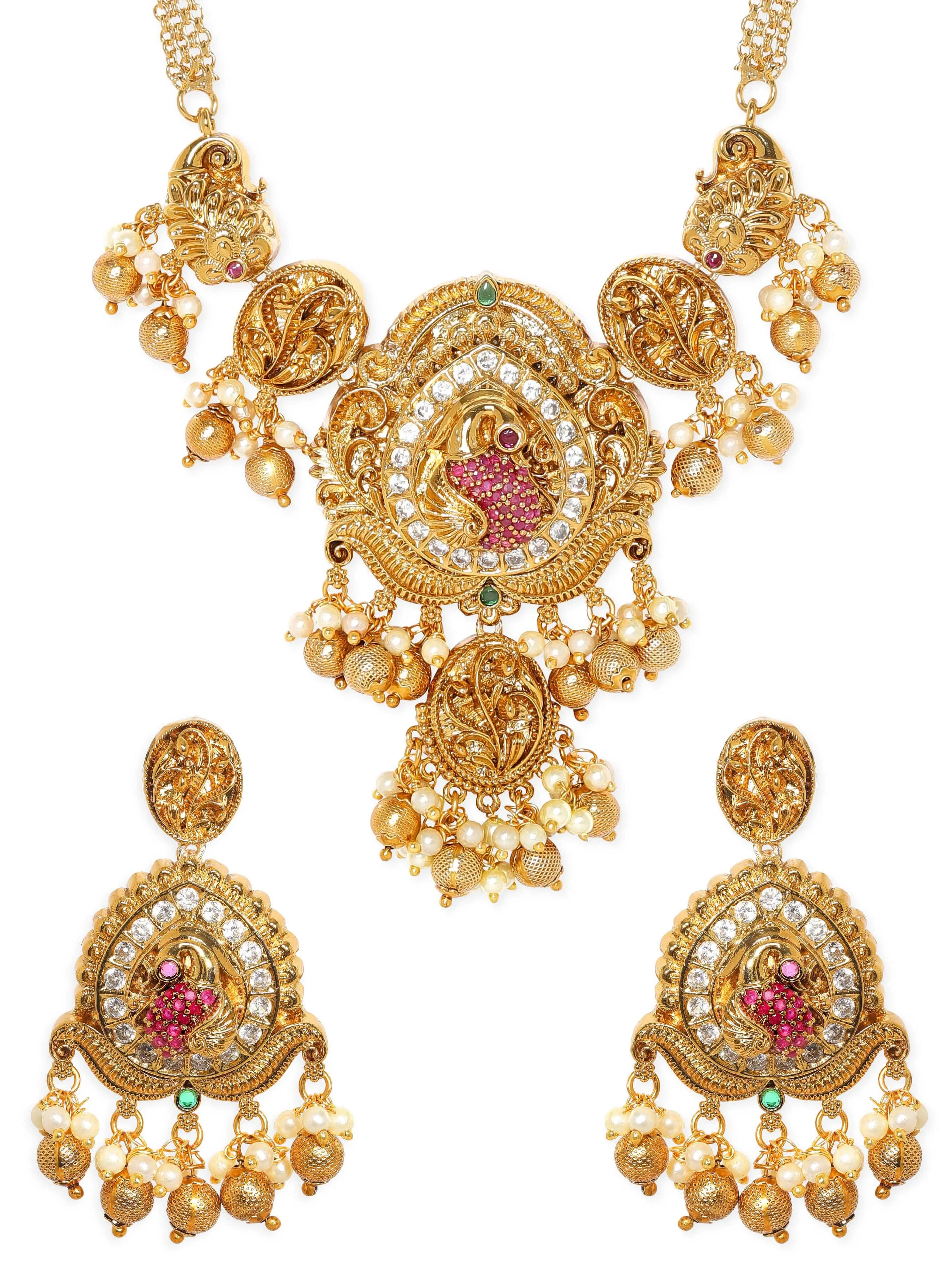 Rubans 22K Gold Plated Kemp & Zirconia Crystal Studded Pearl Beaded Handcrafted Necklace Set