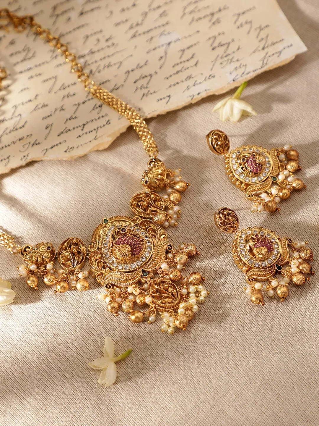 Rubans 22K Gold Plated Kemp & Zirconia Crystal Studded Pearl Beaded Handcrafted Necklace Set