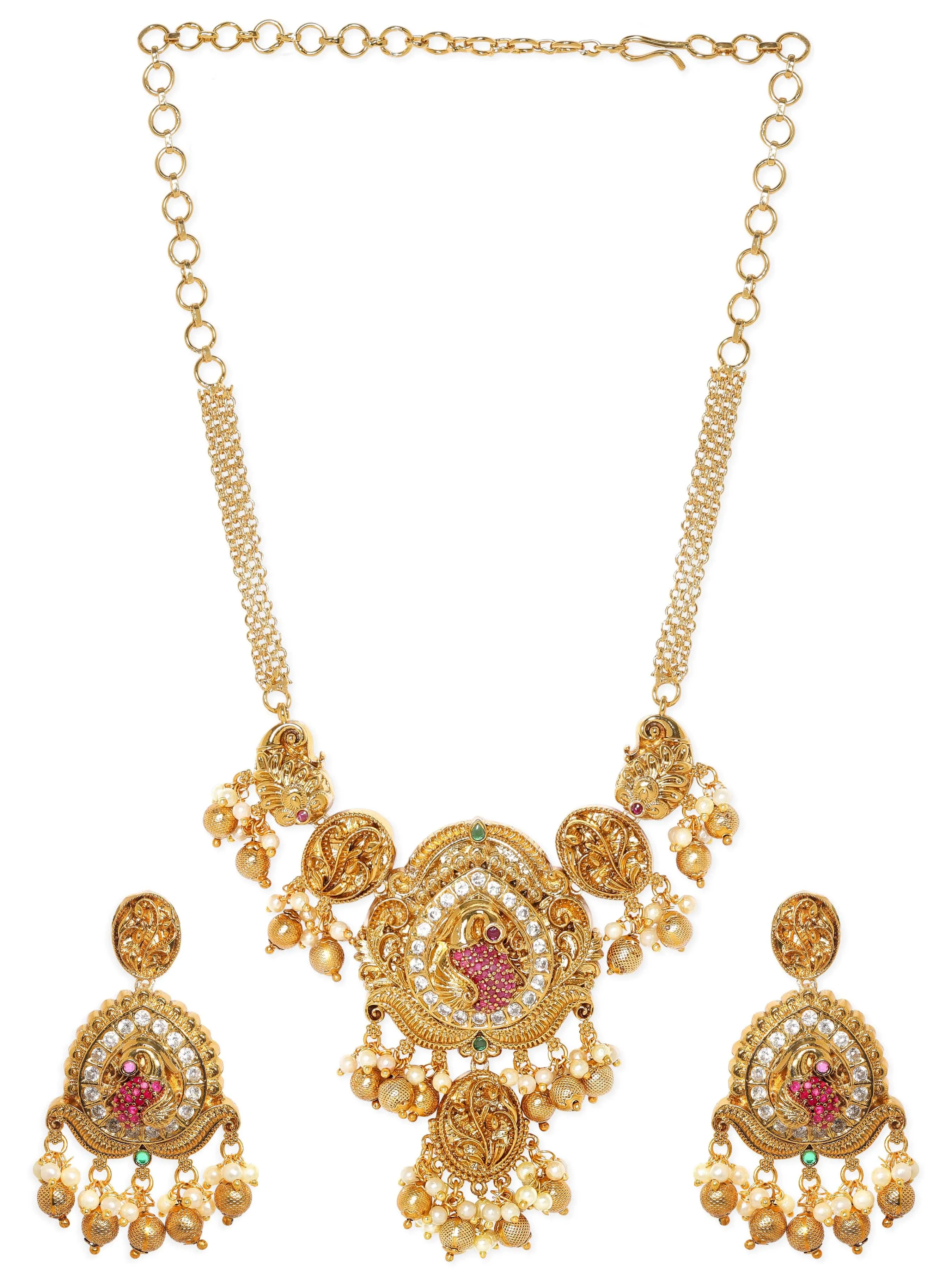 Rubans 22K Gold Plated Kemp & Zirconia Crystal Studded Pearl Beaded Handcrafted Necklace Set