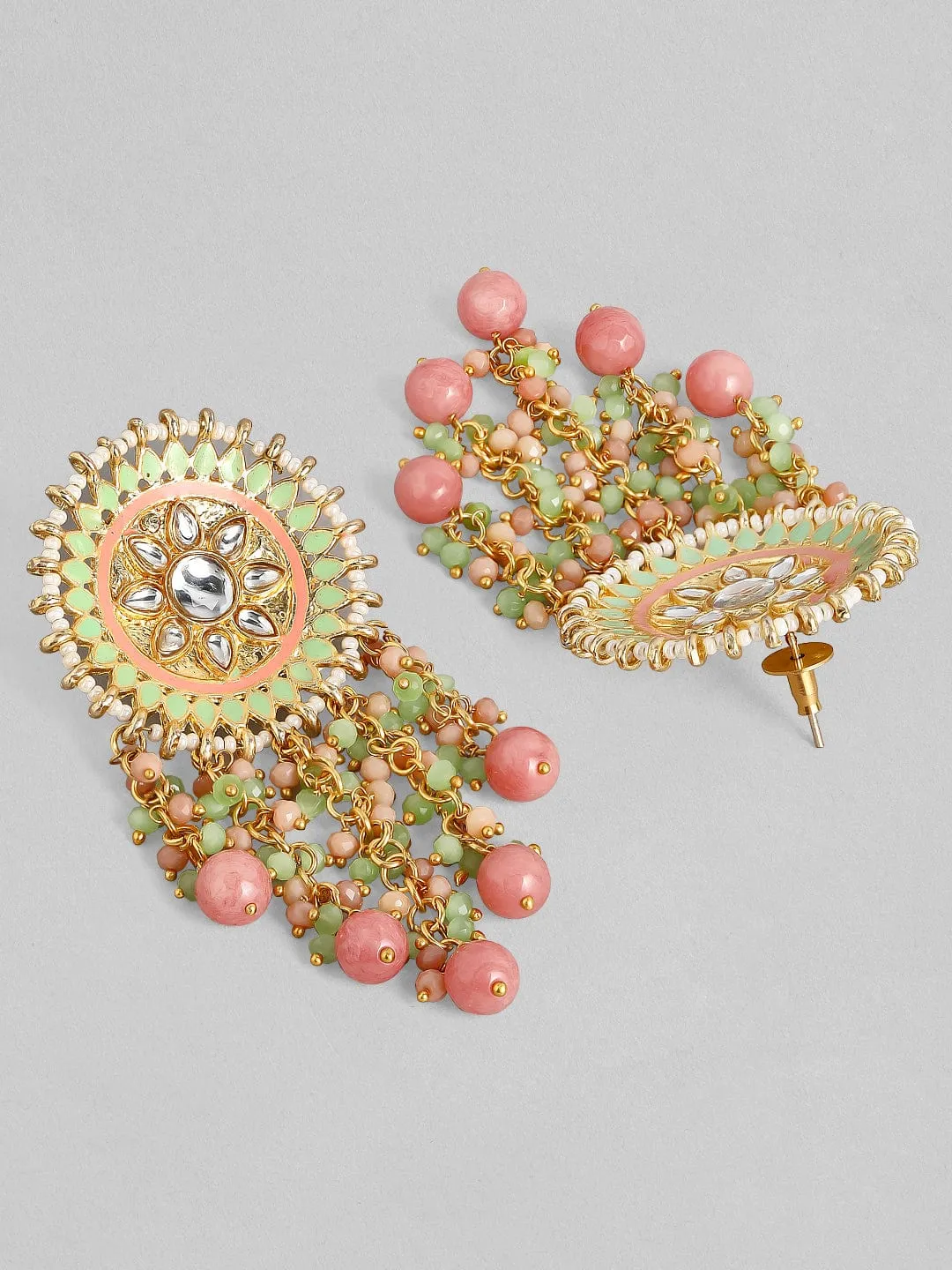 Rubans Luxury 24K Gold Plated Handcrafted Mint Enamel & Kundan with Colored Pearls Drop Earrings