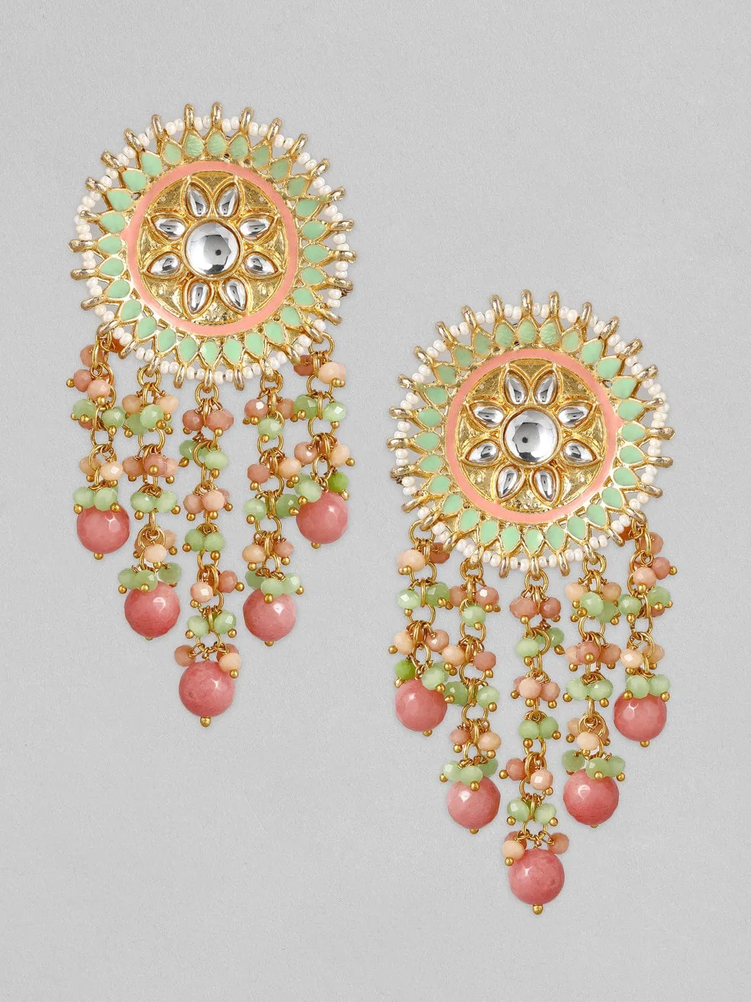 Rubans Luxury 24K Gold Plated Handcrafted Mint Enamel & Kundan with Colored Pearls Drop Earrings