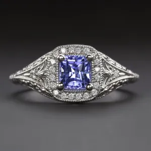 TANZANITE DIAMOND COCKTAIL RING VINTAGE STYLE HALO 14k WHITE GOLD FLORAL BLUE